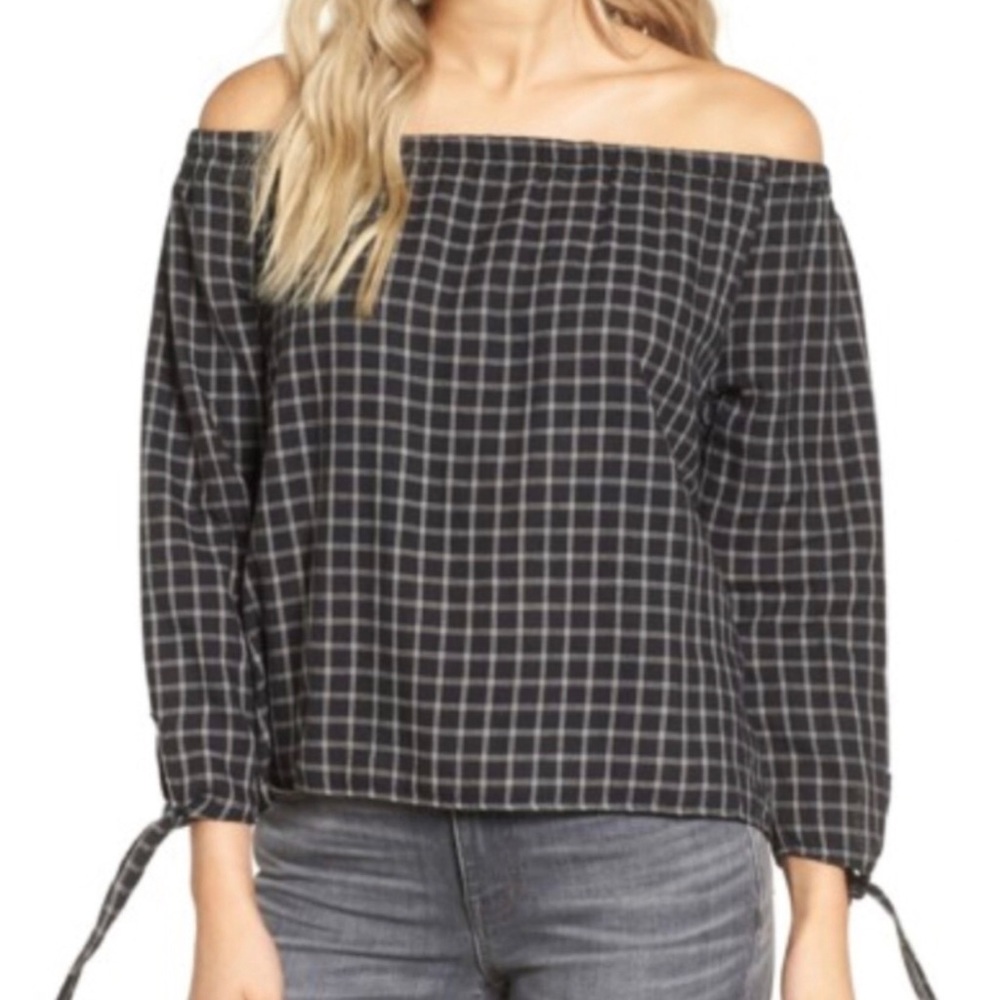 Madewell Plaid off the shoulder blouse